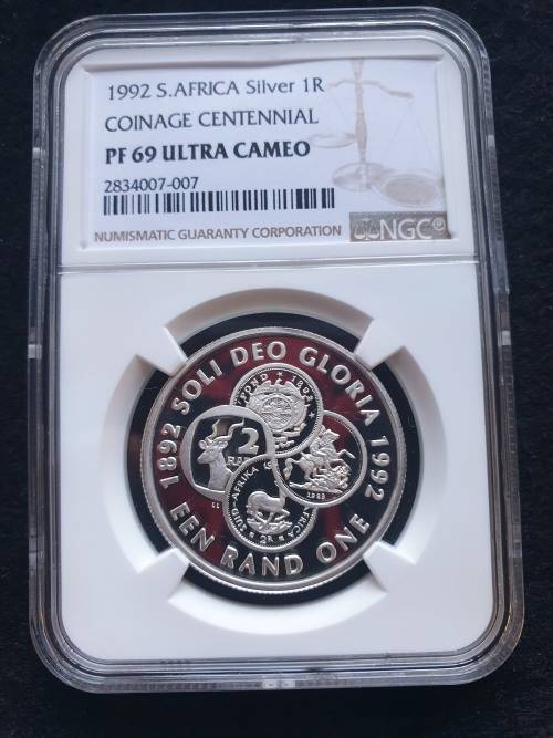 1992 SOUTH AFRICA SILVER PROOF R1 -COINAGE CENTENNIAL- NGC GRADED PROOF 69 ULTRA CAMEO