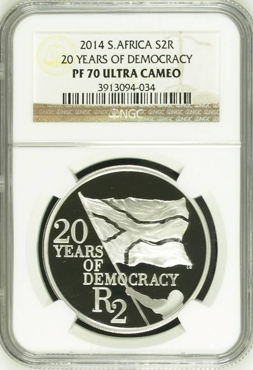 2014 SOUTH AFRICA SILVER PROOF R2 -20 YEARS OF DEMOCRACY- NGC GRADED PF70 UC-  FINEST KNOWN!!