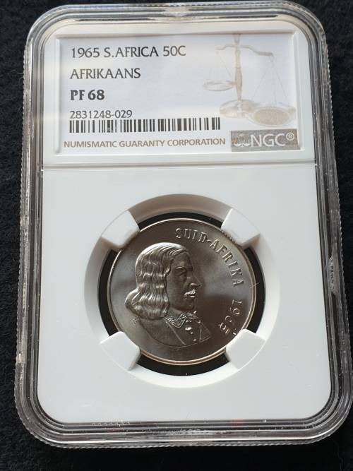 1965 SOUTH AFRICA PROOF 50c  - AFRIKAANS-  NGC GRADED PF68   *POP 2* ONLY 2 COINS HIGHER