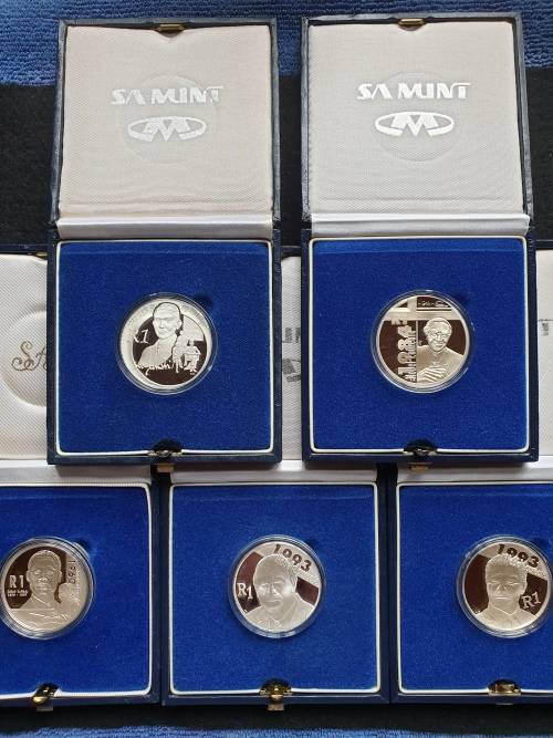 SET OF 5 PROOF SILVER 15g R1 COINS -NOBEL PEACE PRIZE WINNERS- 2005 2006 2007 2007 2008-  PROTEA