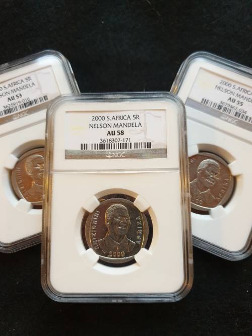 2000 NELSON MANDELA ALMOST UNCIRCULATED TRIO R5 SET AU53 AU55 AU58 NGC GRADED-PRICE IS FOR ALL 3