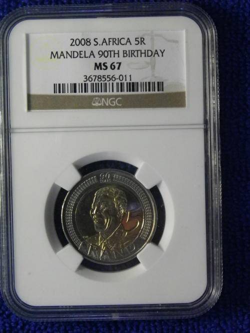 5 AVAILABLE!! 2008 NELSON MANDELA 90TH BIRTHDAY R5 NGC GRADED MS 67 SCARCE HIGH GRADE!!