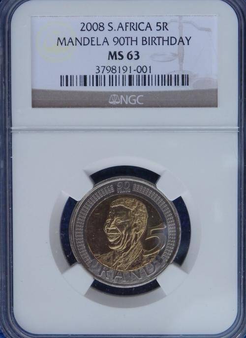 2 AVAILIBLE!! 2008 NELSON MANDELA 90TH BIRTHDAY R5.NGC GRADED MS 63. SCARCE GRADE!!