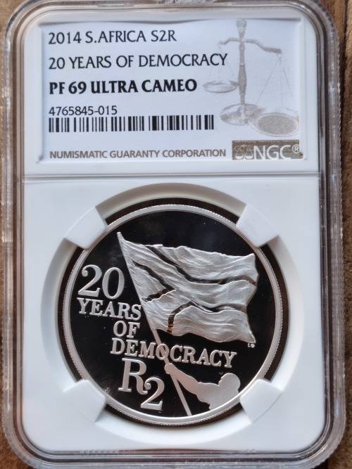 2014 SOUTH AFRICA SILVER R2 - 20 YEARS OF DEMOCRACY- NGC GRADED PF69 ULTRA CAMEO