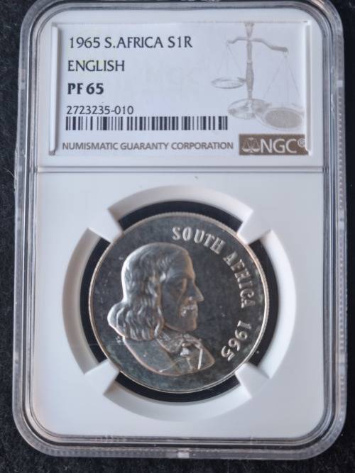 1965 SOUTH AFRICA SILVER R1 -ENGLISH- NGC GRADED PROOF 65 **HIGH GRADE**