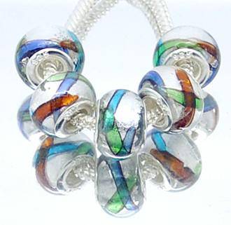 Murano Style Bead, Clear with colourful band- fits most European Style Charm Bracelets and Necklaces