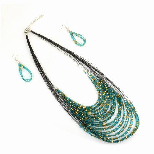 Stunning Multi Bead Necklace in Green with matching Earrings - Multicolour, Multi Layer, Metallic