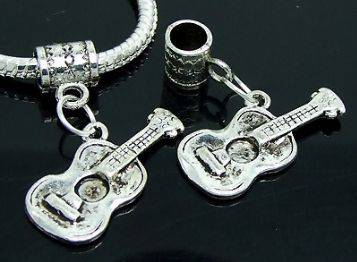 Guitar, Dangling Guitar in Tibetan Silver, fits most European Charm Bracelets
