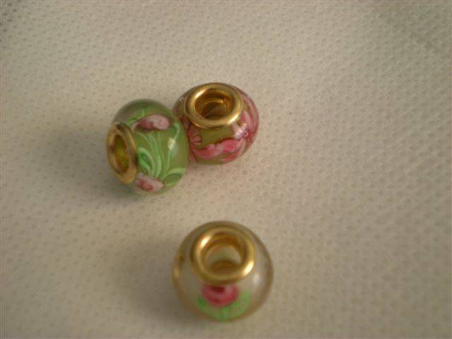 Lampwork bead with Rose Design Gold Core fits most European Charm Bracelets