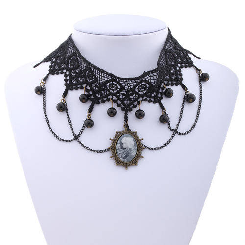 vintage Gothic noble lace Flower Cute Beads Pendant Necklace with Cameo