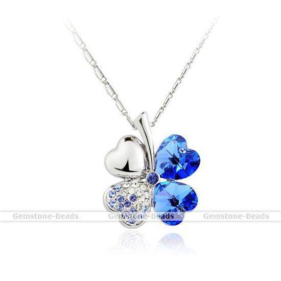 Fashion Lady's Blue Silver Crystal Heart Love 4 Leaf Clover Flower Chain Necklace Pendant