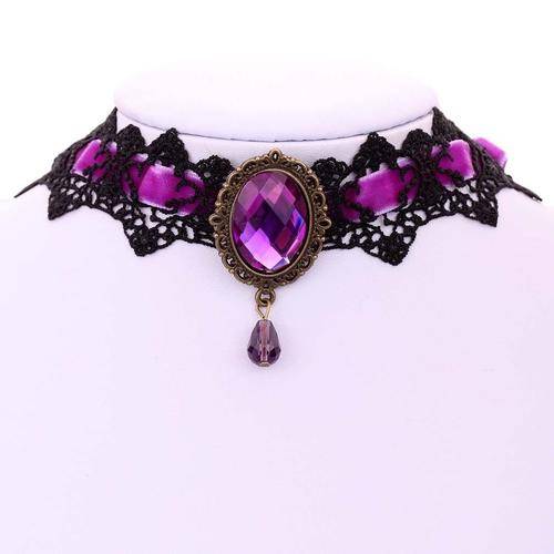 vintage Gothic Lace Pendant Necklace with Purple Crystal Centrepiece and Purple Velvet