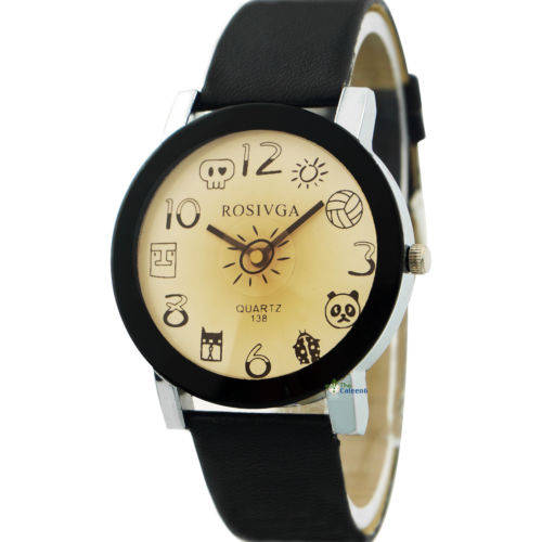 Cute Fashion Ladies Sun Spin Woman Leather Boy's Wrist Watch Gift - Black Leatherette