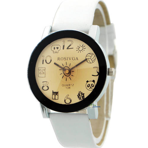 Cute Fashion Ladies Sun Spin Woman Leather Boy's Wrist Watch Gift - White Leatherette