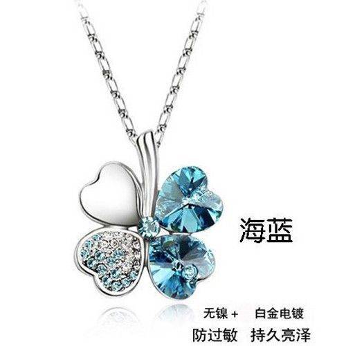 Fashion Lady's Blue Silver Crystal Heart Love 4 Leaf Clover Flower Chain Necklace Pendant