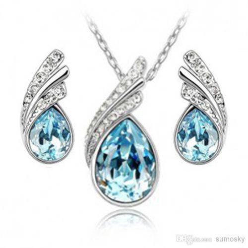 Details about 18K White Gold Plated Austrian Crystal Tear Drop Pendant Necklace Earrings Set
