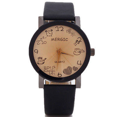 Cute Fashion Ladies Sun Spin Pictogram Woman Leather Boy's Wrist Watch Gift - Black Leatherette
