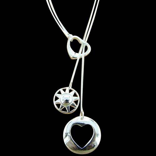 Silver Plated - LARIAT Style Necklace, Silver - Heart and Moon