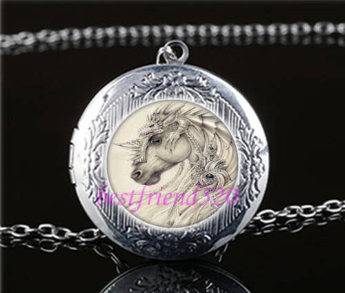 Faerie Dragon Unicorn and Horse Cabochon Glass Tibet Silver Locket Pendant Necklace
