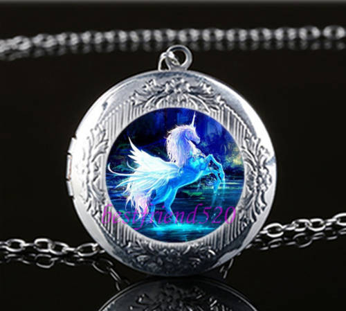 Moonlight Unicorn Photo Glass Tibet Silver Chain Locket Pendant Necklace