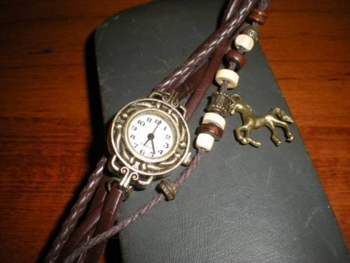 Last One - Woman retro watch Leather Woven Bracelet quartz watch Brown with Horse Charm