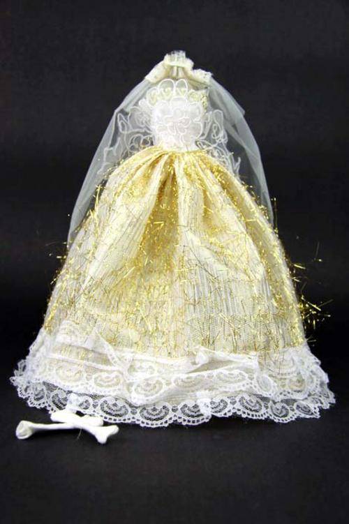 Barbie Clothes, Handmade, Gold Wedding Dress with Veil and Gloves