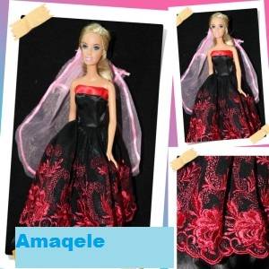 Barbie Clothes, Handmade, Red and black Wedding - Princess - Gown with Veil