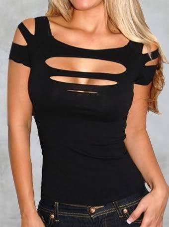 Sexy Ripped, Slashed Black Tight T Shirt, Top Clubwear