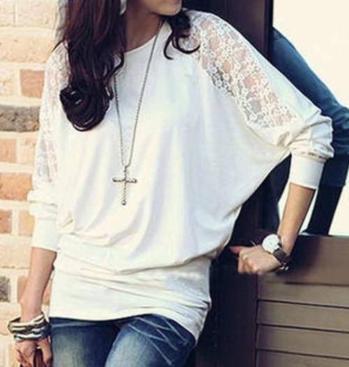 Batwing Top Dolman Lace Loose T-Shirt Blouse for Women - Medium - white