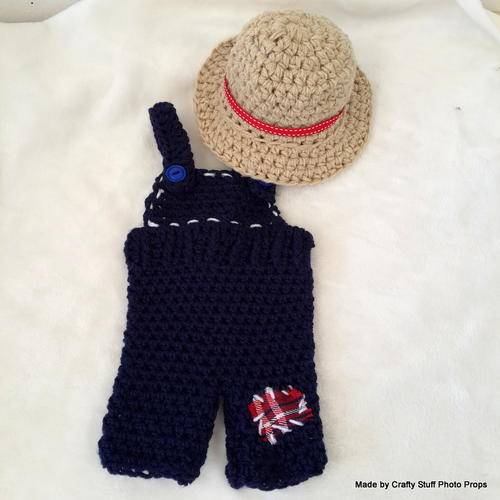 Crafty Stuff : Farmer Brown dungarees and matching hat  0-3 months MADE TO ORDER