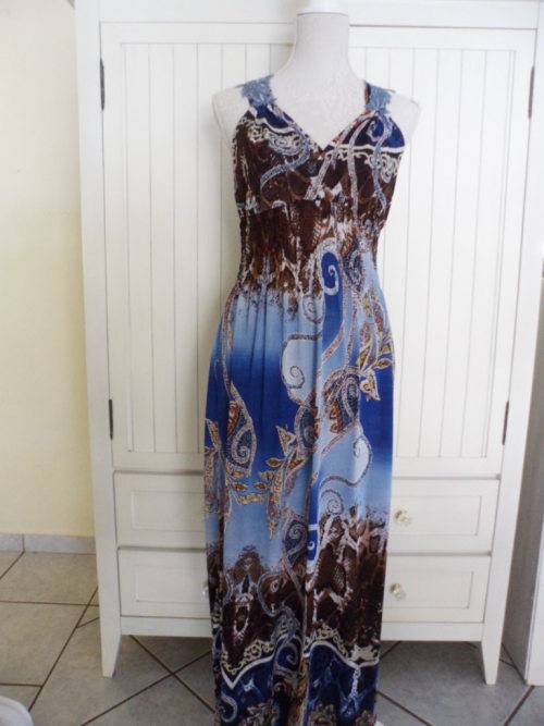 - Maxi Summer Dress with Lace Detail - Blues & Bronzes -