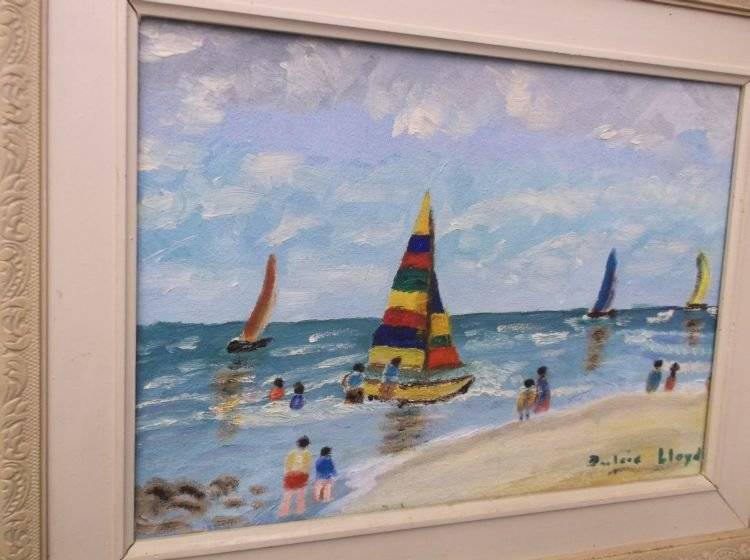 A FUN LOOKING VINTAGE ORIGINAL OIL ON BOARD SIGNED BY THE ARTIST DULCIE LLOYD ...HOLIDAYS !!!