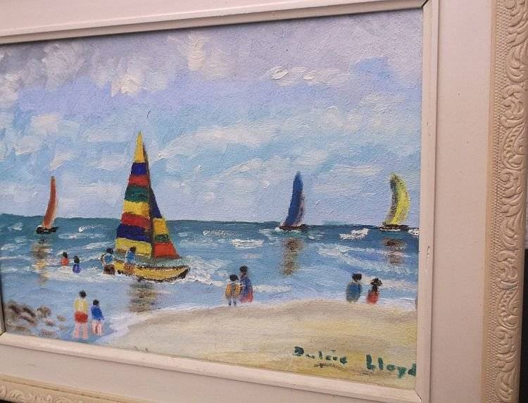 A FUN LOOKING VINTAGE ORIGINAL OIL ON BOARD SIGNED BY THE ARTIST DULCIE LLOYD ...HOLIDAYS !!!
