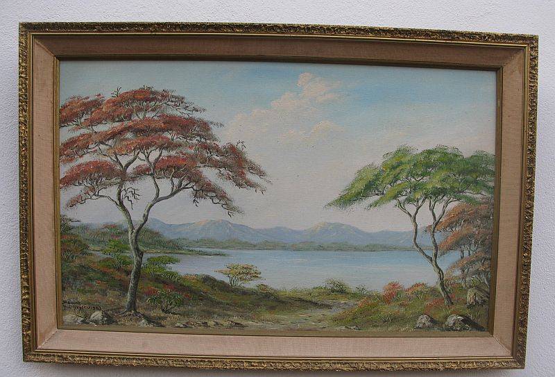A STUNNING ORIGINAL OIL ON BOARD OF A RIVER AND LANDSCAPE BY ARTIST DIEUWIE HOLTHUYSEN DATED 1983