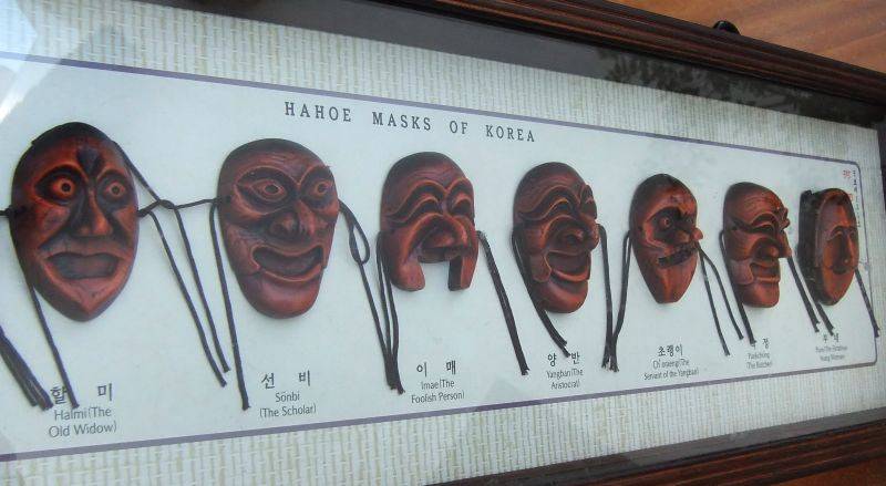 A SUPER COOL VINTAGE BOX FRAME WALL MOUNTING CONTAINING EXAMPLES OF THE HAHOE MASKS OF KOREA  !!