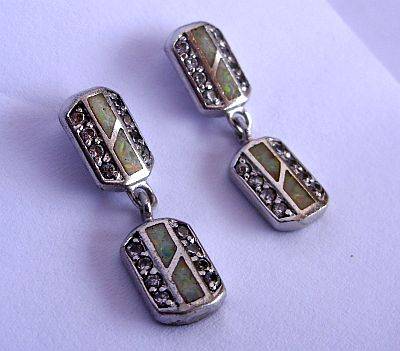 A DELIGHTFUL PAIR OF STERLING SILVER EARRINGS SET WITH FIRE OPALS & FACETED CZ ` S !!!!!!!!!!!!!!!