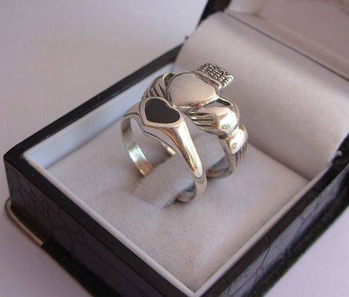 AN IRISH SWEETHEART RING AND A ONYX HEART RING !! BOTH STERLING SILVER !!