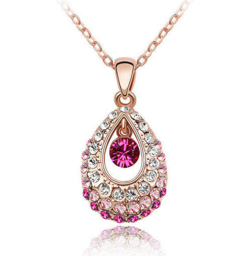 EXQUISITE YELLOW GOLD TONE TEAR DROP NECKLACE - DARK PINK WITH BABY PINK AND WHITE