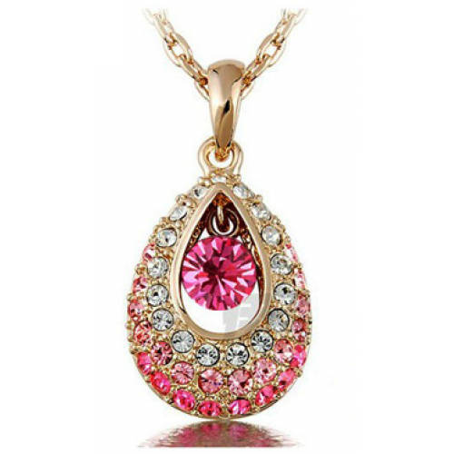 EXQUISITE YELLOW GOLD TONE TEAR DROP NECKLACE - DARK PINK WITH BABY PINK AND WHITE
