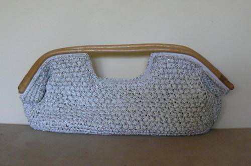 White and Silver Woven bag with wooden handles