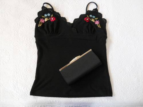 Pretty black floral strappy top, with black satin clutch!! - size 32 ITEM RELISTED