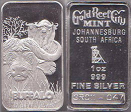 1oz .999 fine silver Gold Reef City Mint Buffalo bullion bar