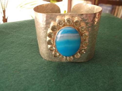 Large Silver Plated And Agate Cuff Bangle