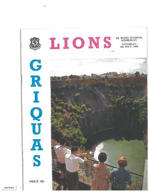 Rugby programme. Griqualand West vs British Lions 6 July 1968
