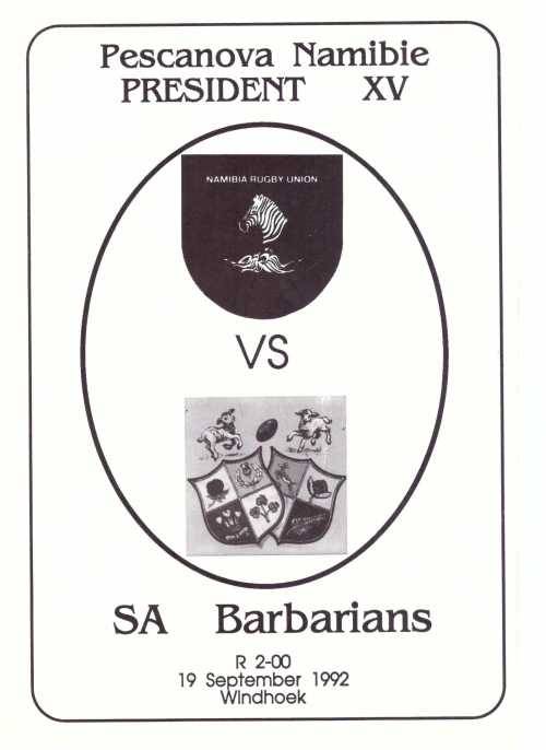 Rugby programme. Namibia vs SA Barbarians 19 Sept 1992 Windhoek