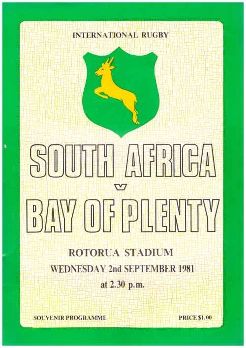 Rugby programme. Bay of Plenty vs South Africa 2 September 1981 Rotorua Stadium