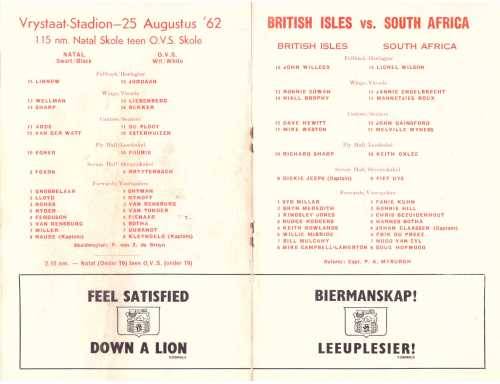 Rugby souvenir programme. South Africa vs British & Irish Lions 25 Aug 1962 Bloemfontein