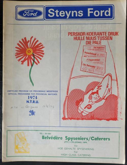 Rugby programme Northern Transvaal vs Griquas 17 August 1974