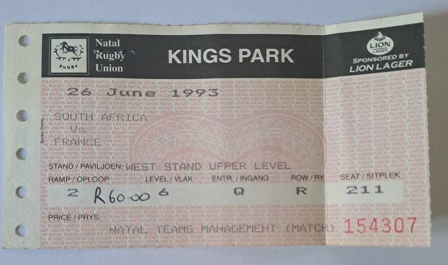 Rugby programme with match ticket - South Africa v France 26 June 1993 Durban