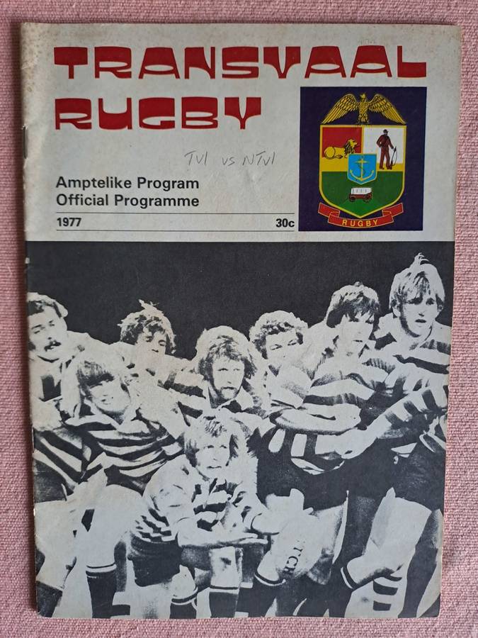 Rugby programme - Transvaal v Northern Transvaal 30 April 1977